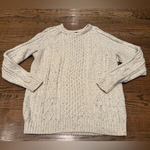 Lands’ End Cable Knit Sweater Cream Flecked Crewneck Fisherman Pullover L/T